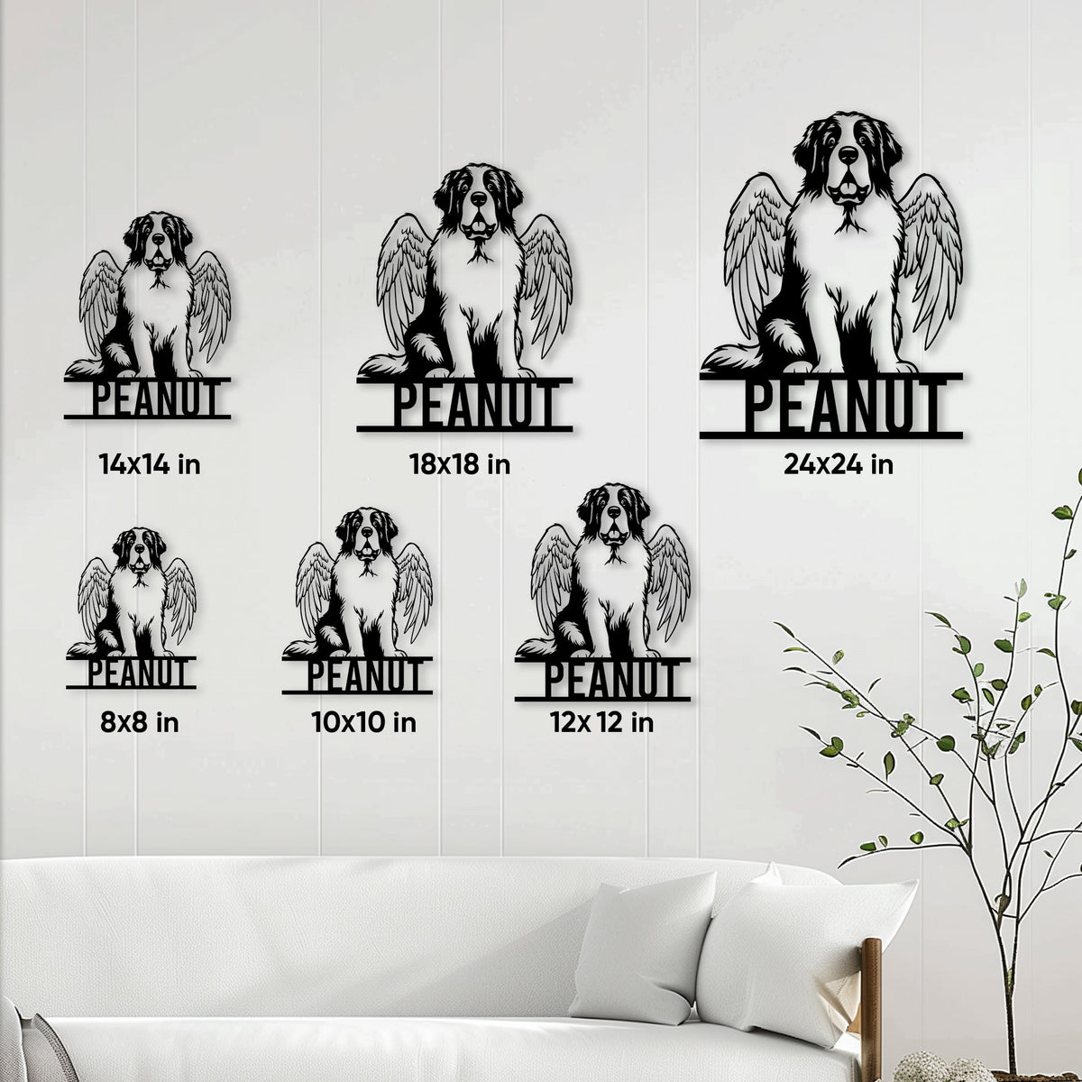 Saint Bernard metal sign size guide showing six available square size options