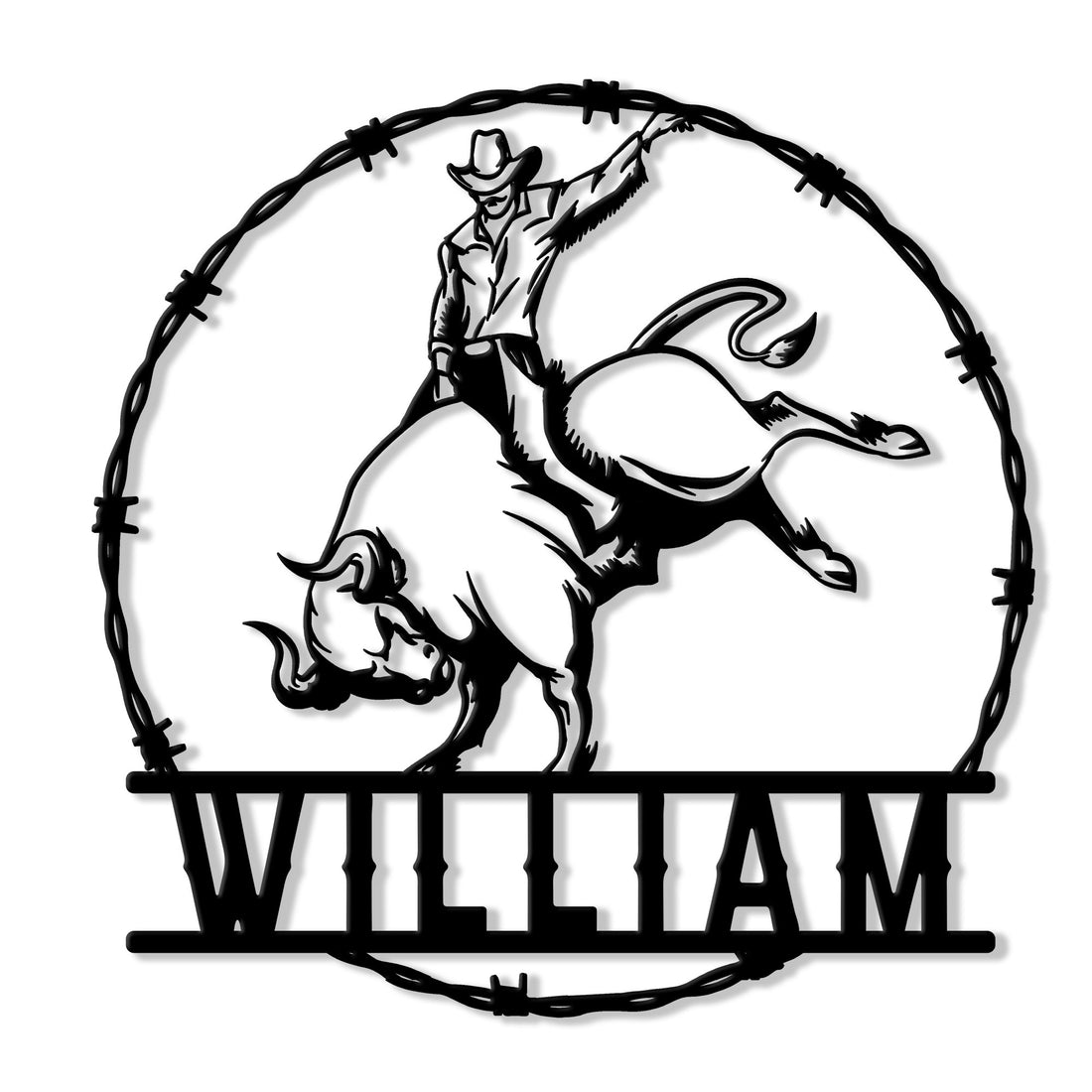 Custom rodeo metal sign featuring a cowboy riding a bucking bull inside a barbed wire frame