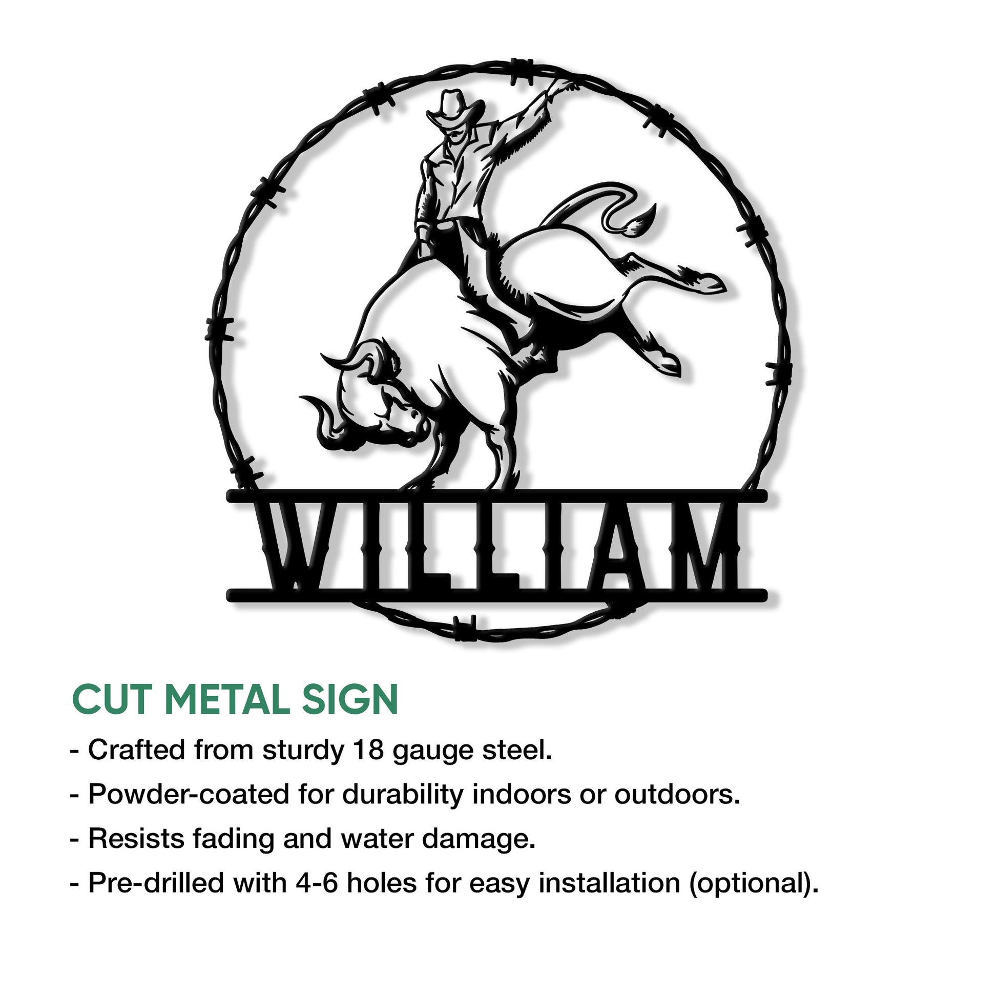 Rodeo bull riding metal sign artwork shown with cut metal sign feature and installation details