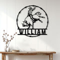 Rodeo cowboy and bucking bull metal sign displayed as western wall decor in a home entryway