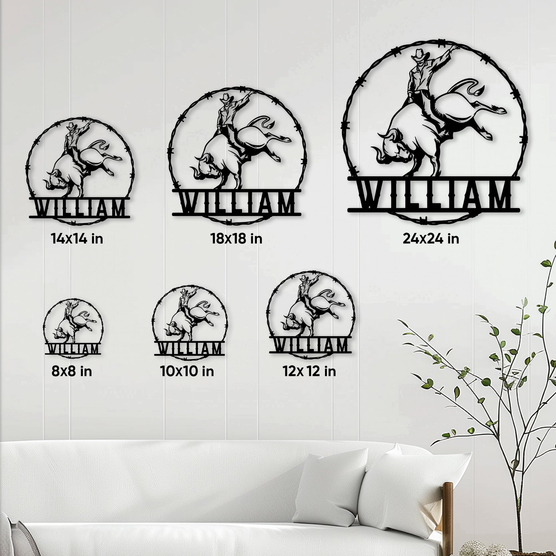 Rodeo bull riding metal sign size guide showing six available square size options