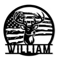 Custom hunting metal sign featuring a detailed buck head over a distressed American flag design