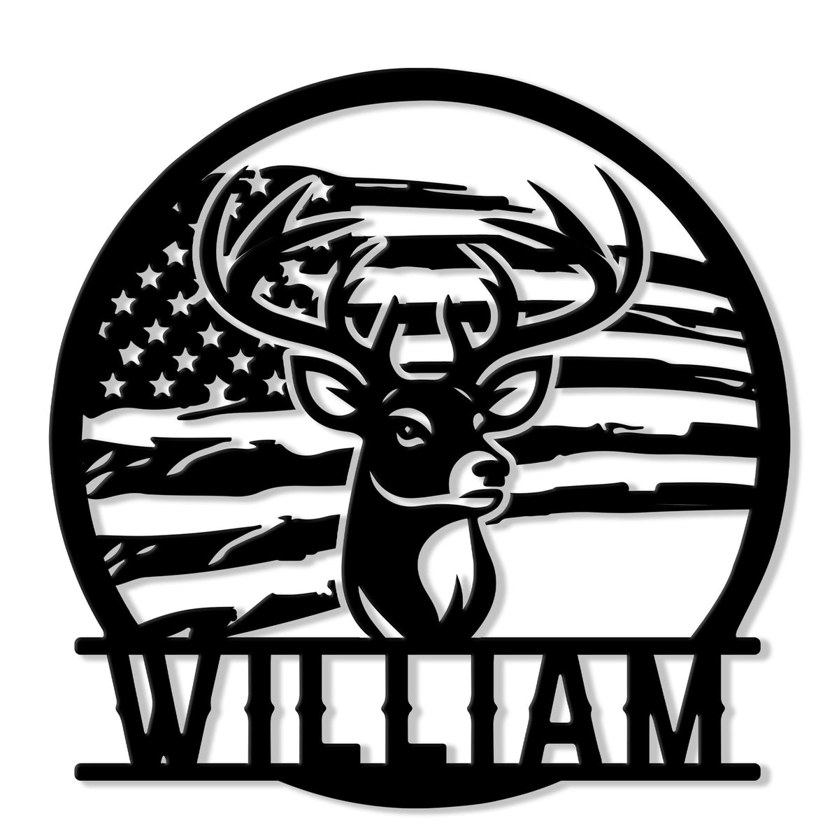 Custom hunting metal sign featuring a detailed buck head over a distressed American flag design