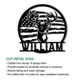 Buck hunting metal sign shown with cut steel construction and indoor or outdoor display details