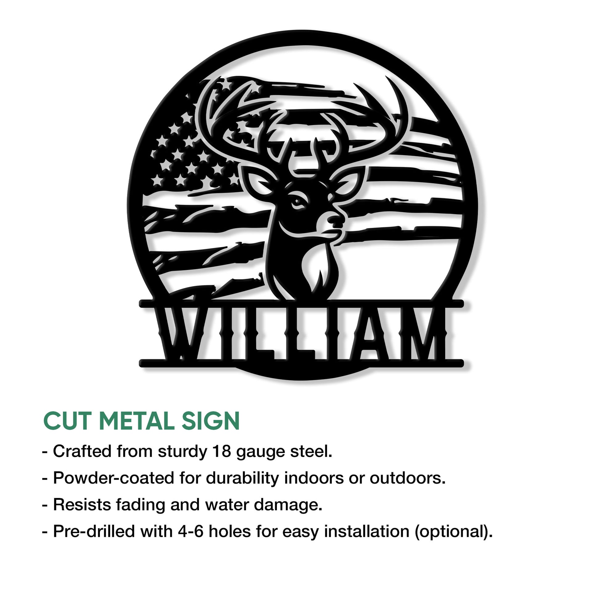 Buck hunting metal sign shown with cut steel construction and indoor or outdoor display details