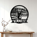 Hunting wall decor displayed on a white paneled wall above a rustic console table