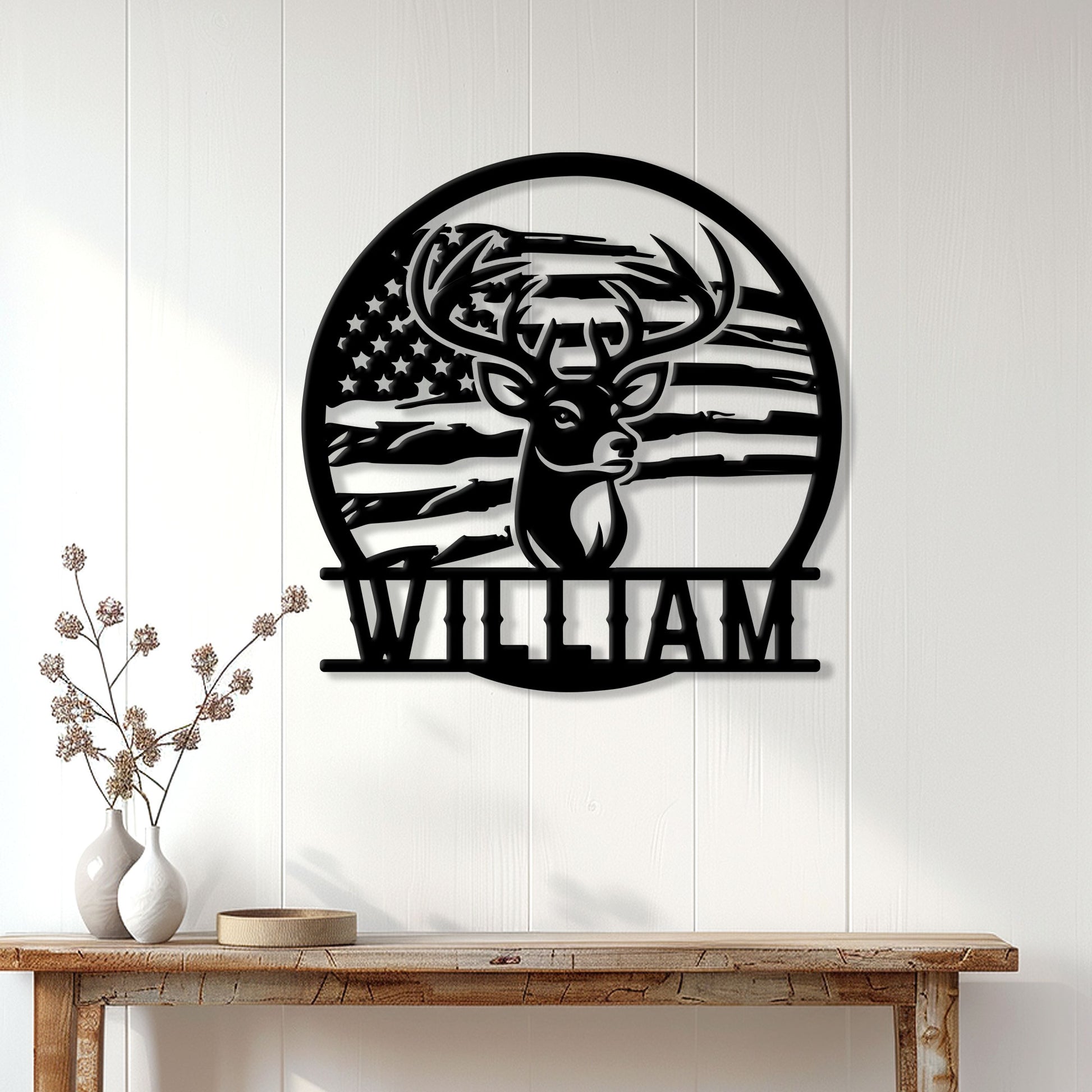 Hunting wall decor displayed on a white paneled wall above a rustic console table