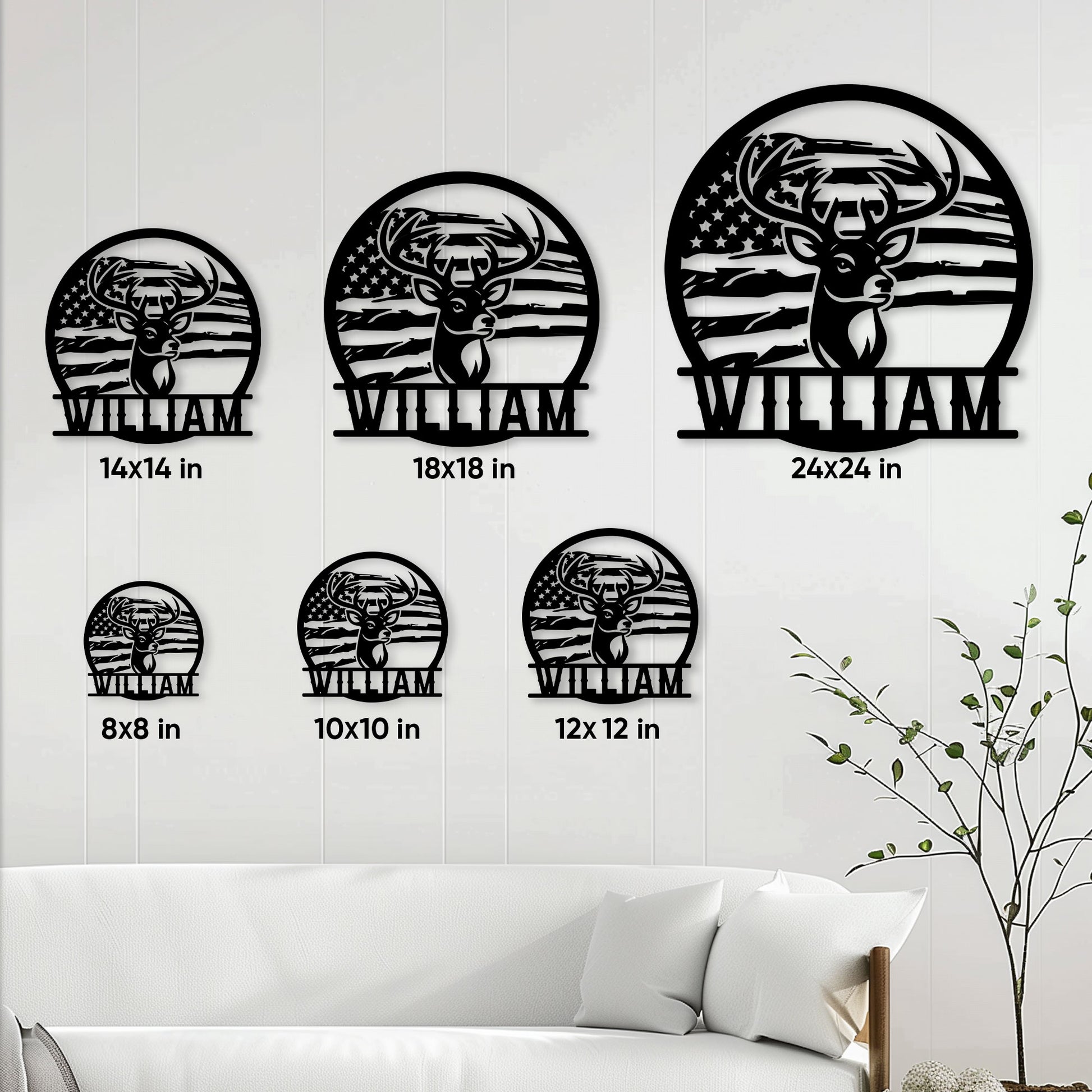 Hunting metal sign size guide showing round options from 8 by 8 to 24 by 24 inches