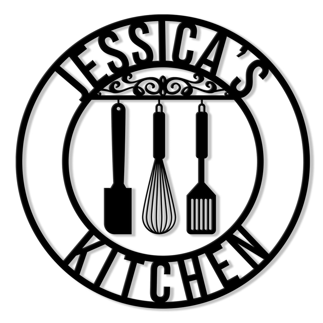Round kitchen metal sign featuring hanging spatula, whisk, and fork silhouettes in a bold black design