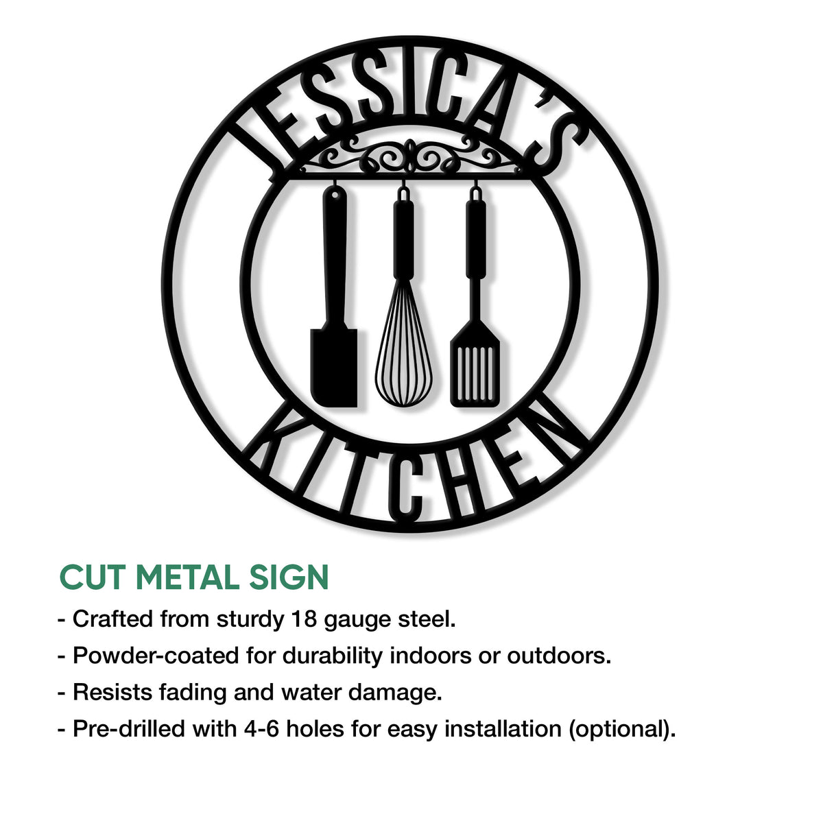 Cut metal kitchen sign featuring cooking utensil silhouettes and a circular decorative frame