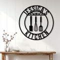 Kitchen utensil metal wall sign displayed above a rustic console table in a bright home interior