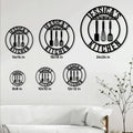 Kitchen metal sign size guide showing round design options from 8 by 8 inches to 24 by 24 inches