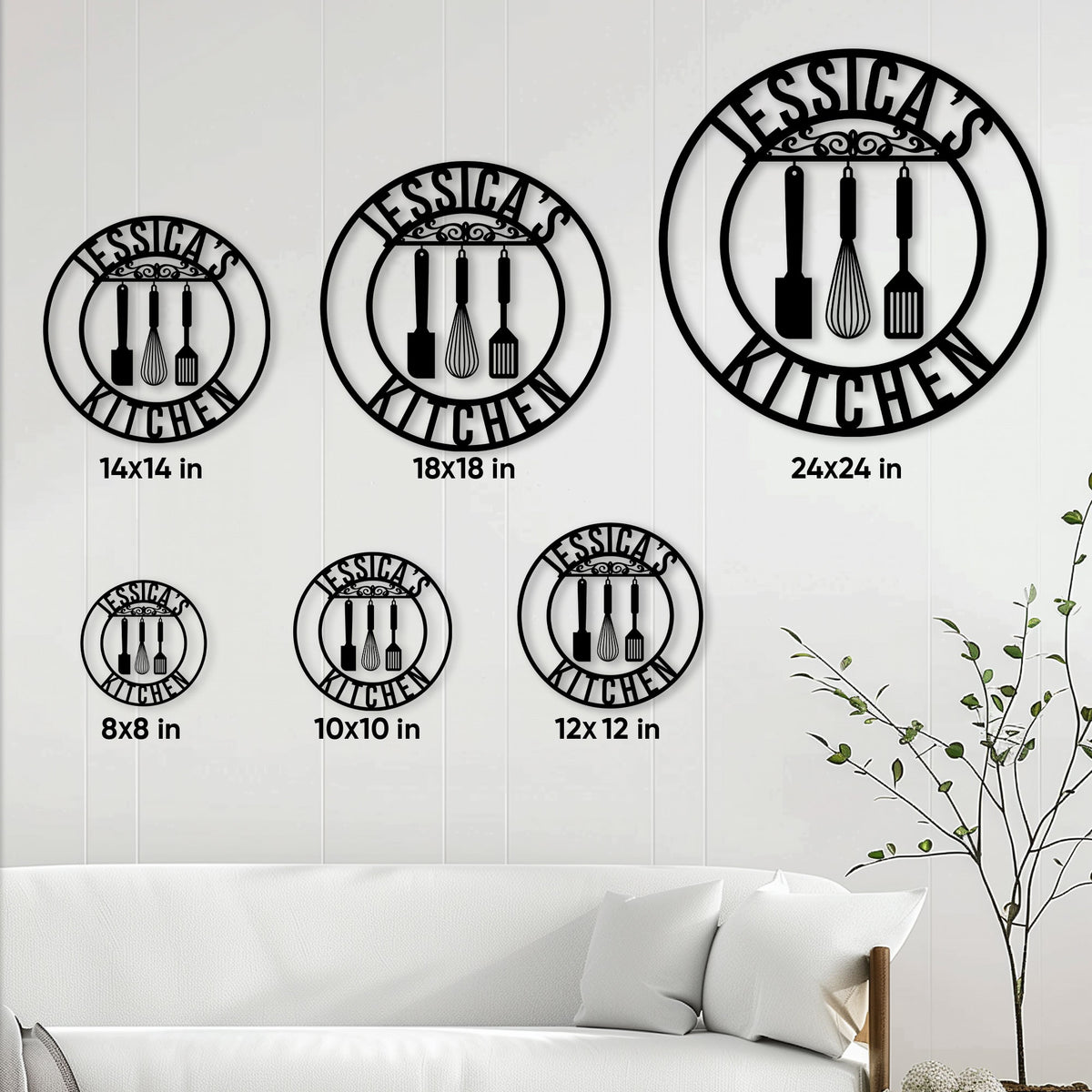 Kitchen metal sign size guide showing round design options from 8 by 8 inches to 24 by 24 inches