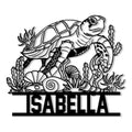 Custom sea turtle metal sign featuring an ocean scene with coral, shells, sea plants, and bold lettering