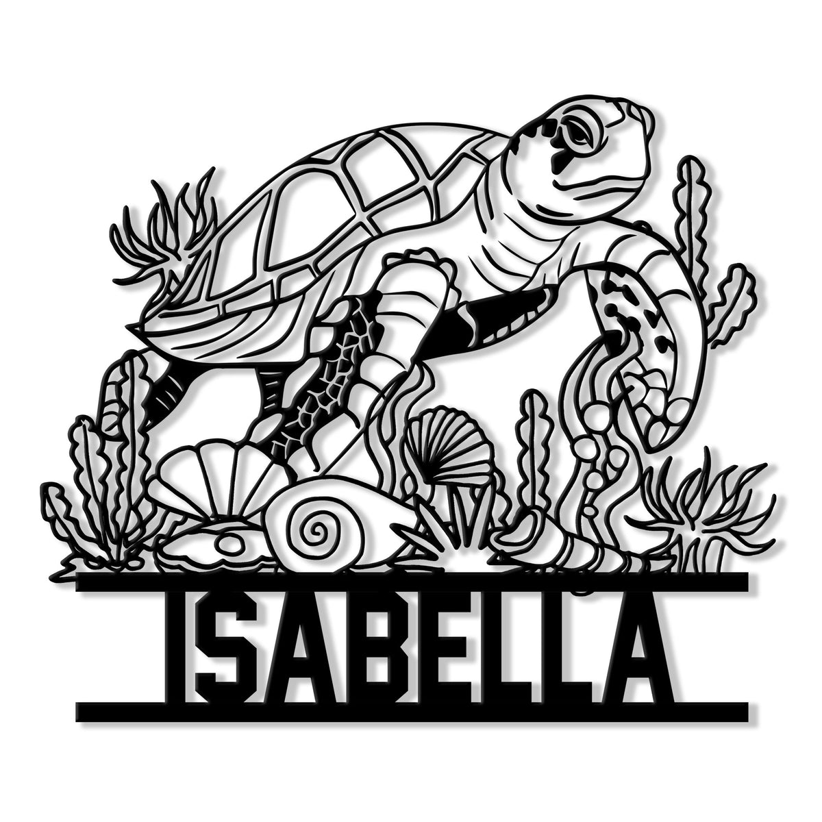 Custom sea turtle metal sign featuring an ocean scene with coral, shells, sea plants, and bold lettering