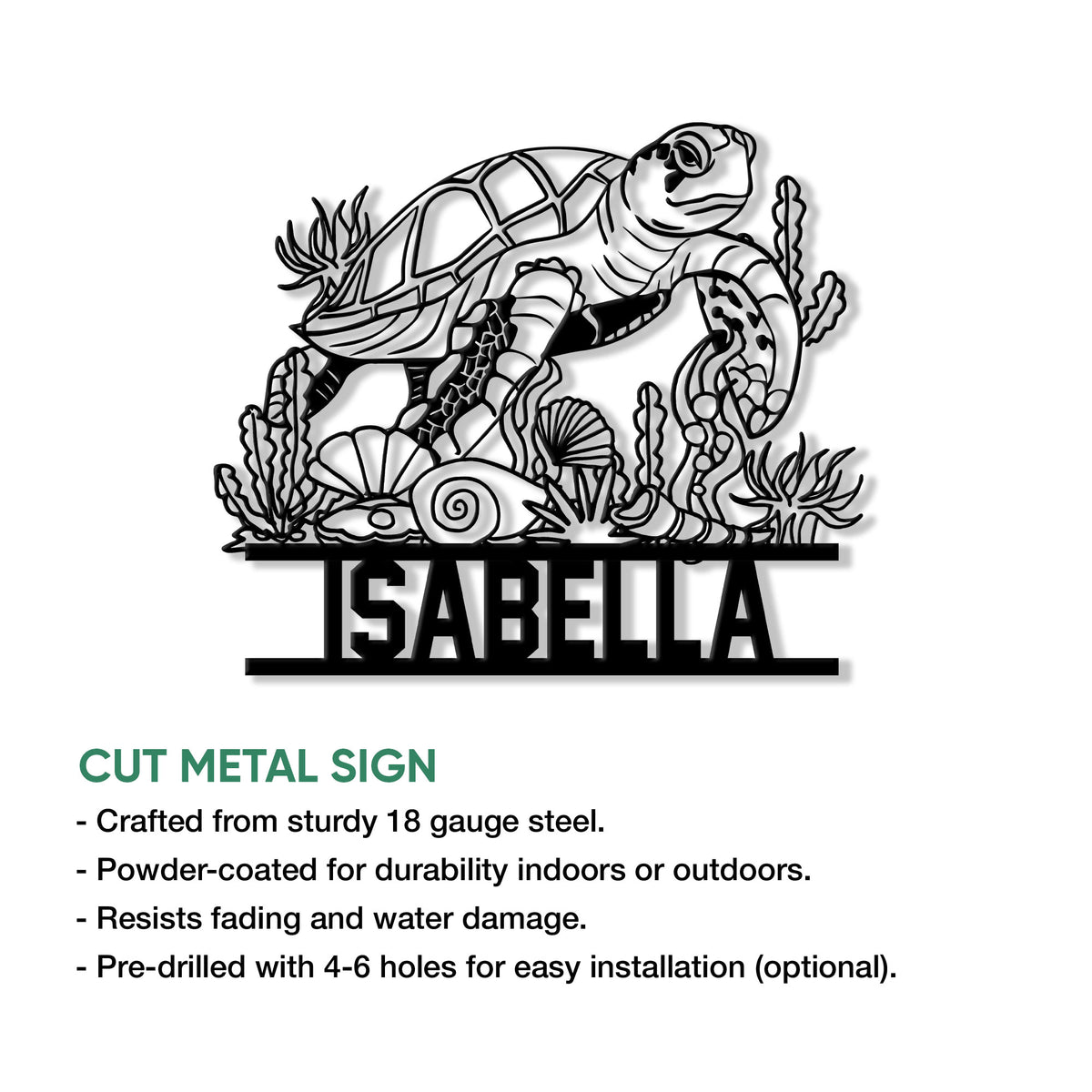 Sea turtle cut metal sign shown with product feature details and an ocean-inspired decorative design