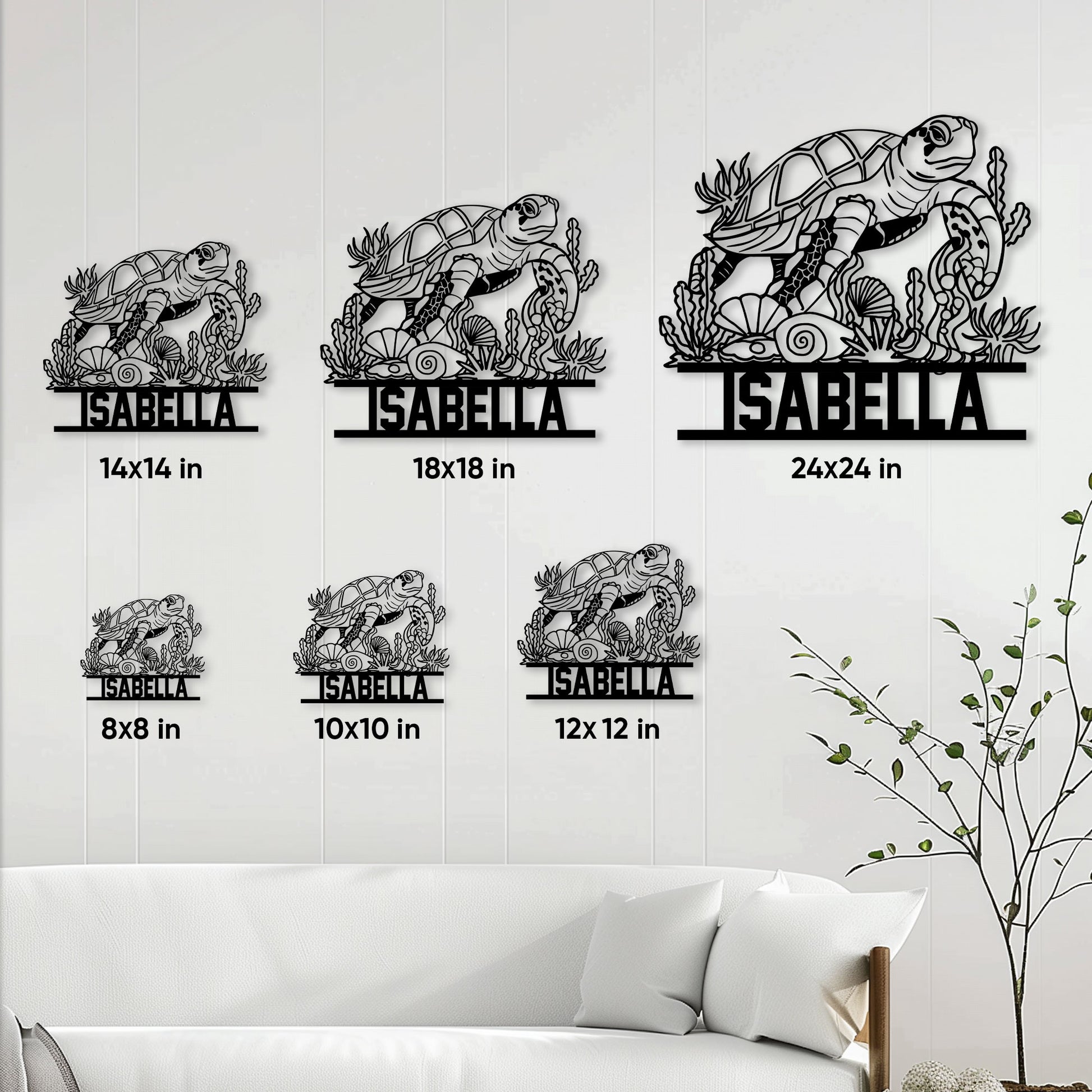 Sea turtle metal sign size guide showing available square sizes from 8 by 8 to 24 by 24 inches