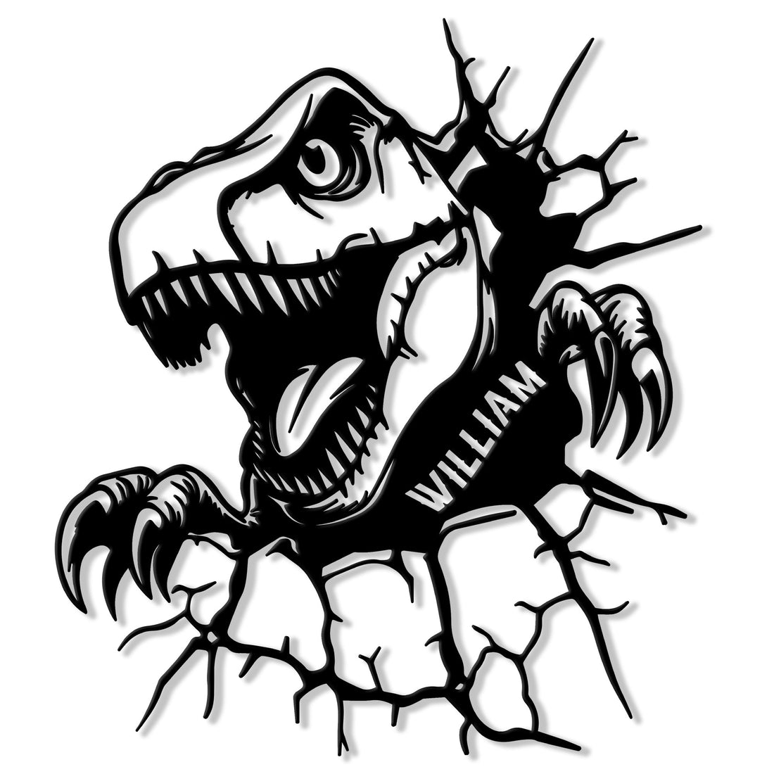 Bold black T-Rex dinosaur skeleton metal sign design breaking through a cracked wall