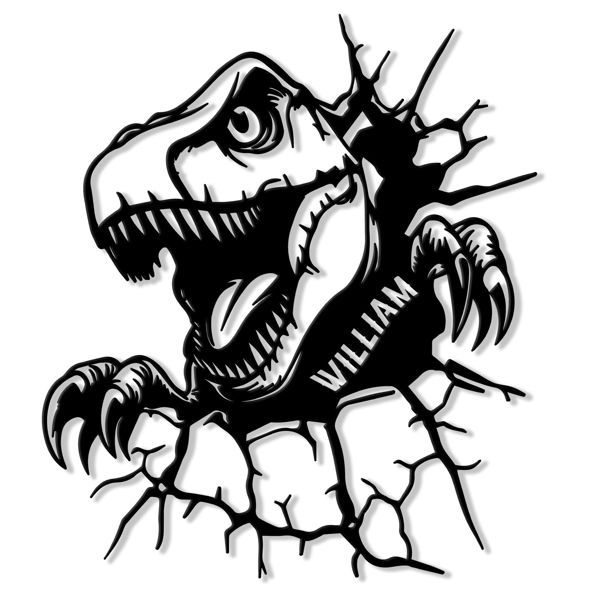 Bold black T-Rex dinosaur skeleton metal sign design breaking through a cracked wall