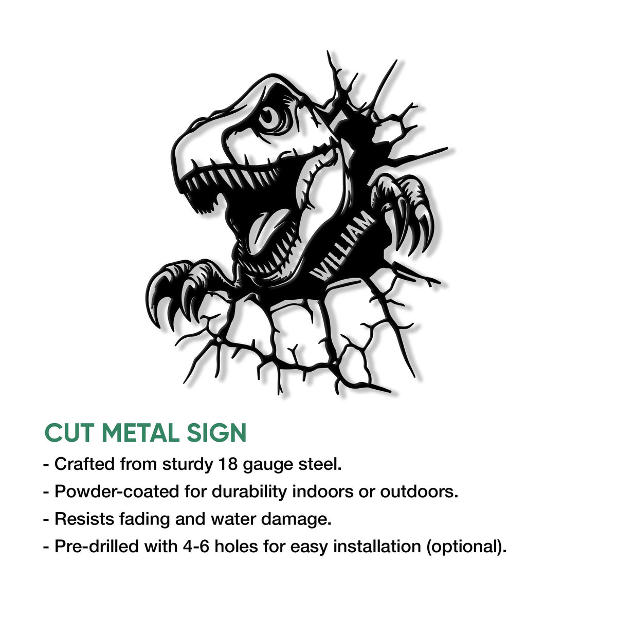 T-Rex dinosaur metal sign feature graphic showing the cut-metal design and display options