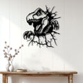 T-Rex dinosaur skeleton metal wall sign displayed on a bright paneled wall above a console table