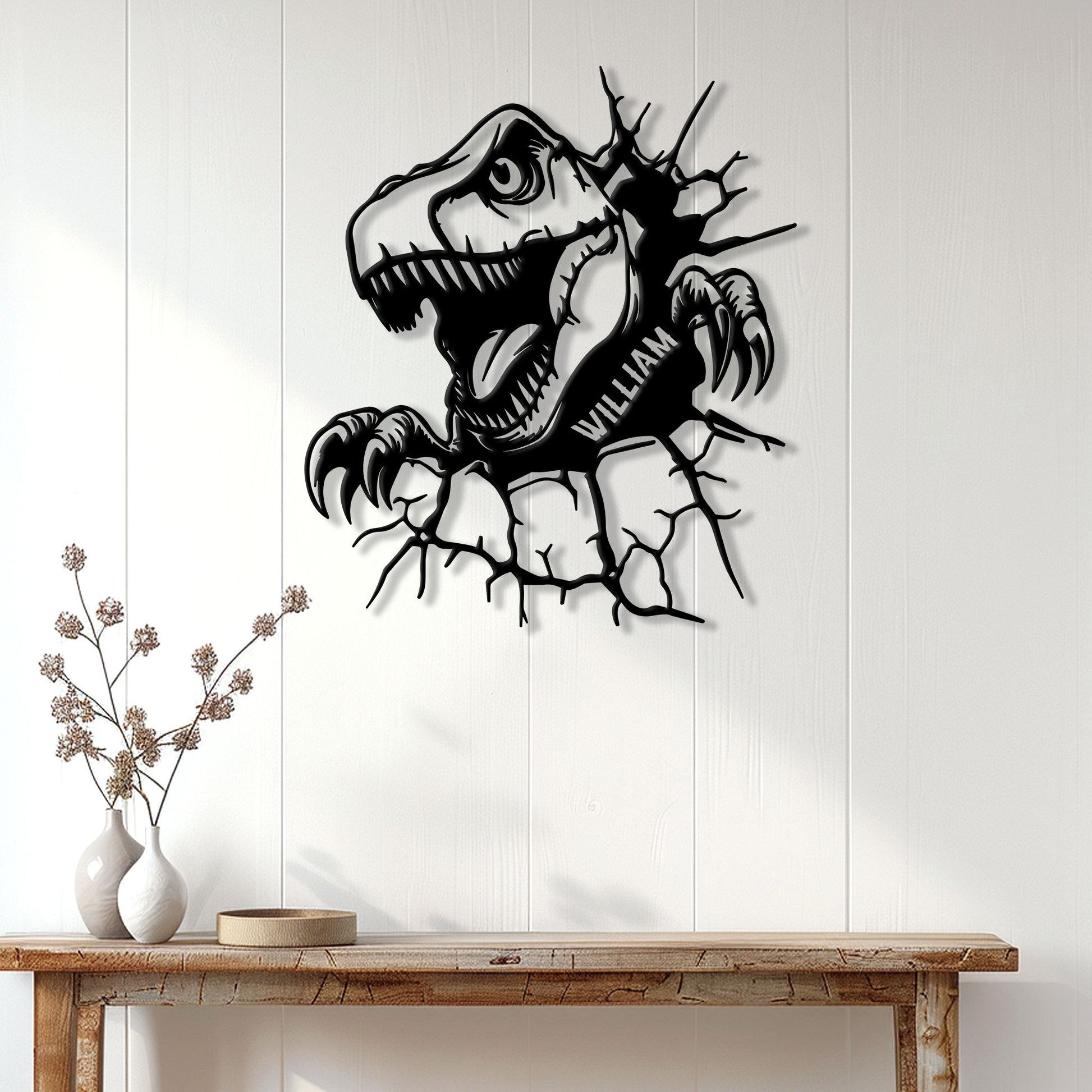 T-Rex dinosaur skeleton metal wall sign displayed on a bright paneled wall above a console table