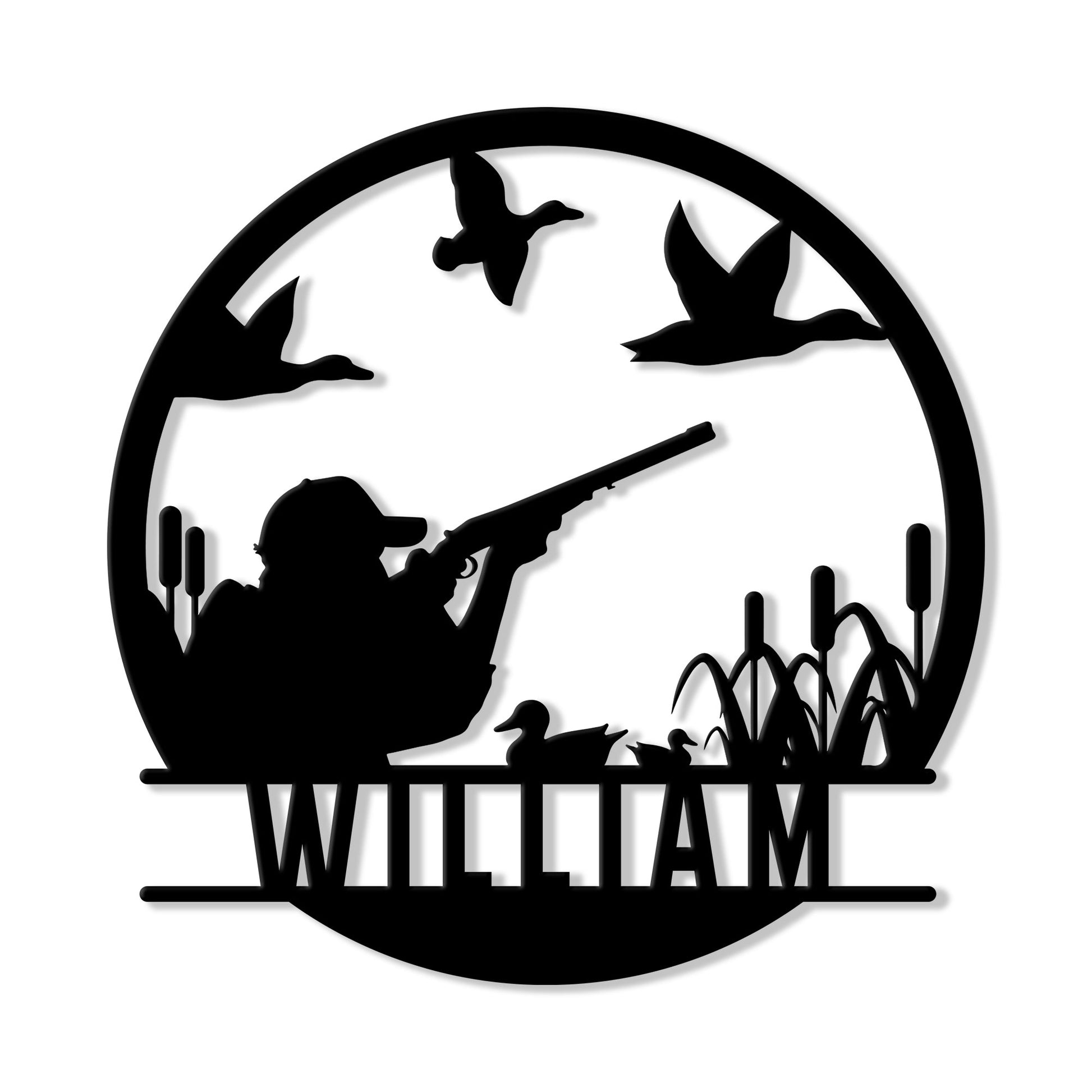 Custom duck hunting metal sign with a hunter, flying ducks, cattails, and marsh silhouette