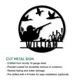 Duck hunting cut metal sign featuring a hunter, waterfowl silhouettes, and available size options