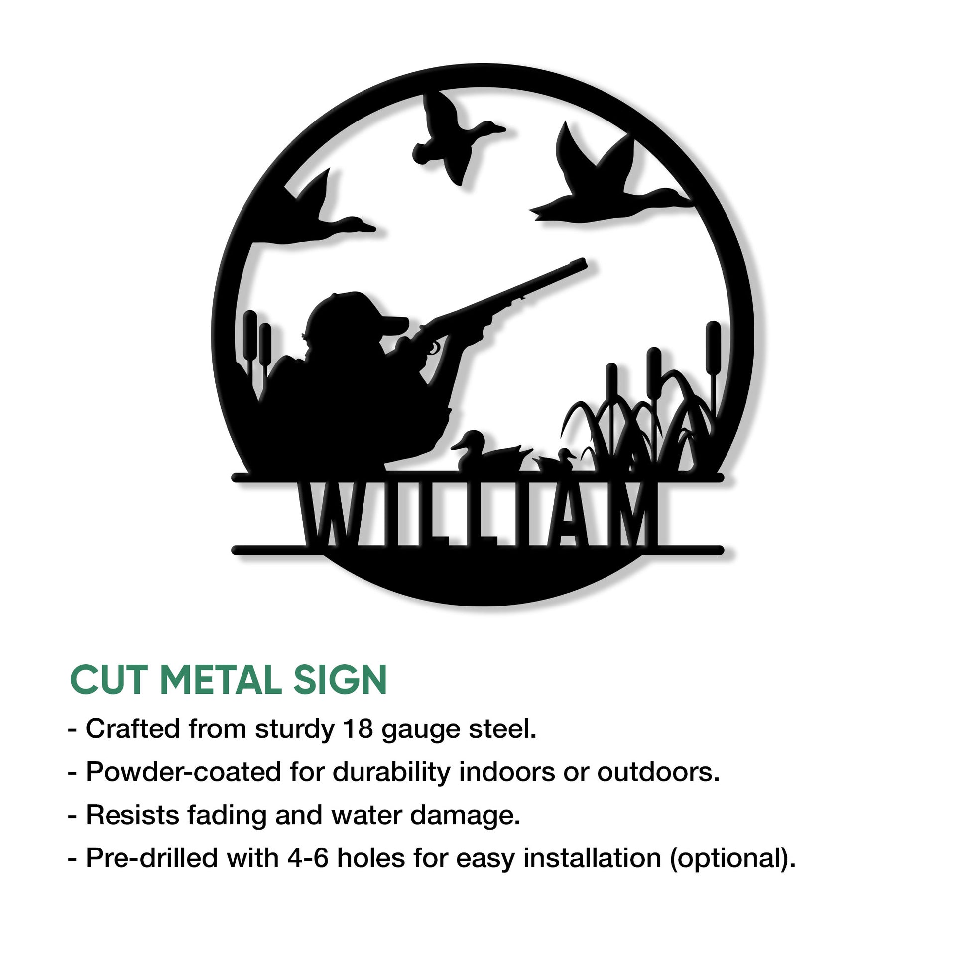 Duck hunting cut metal sign featuring a hunter, waterfowl silhouettes, and available size options