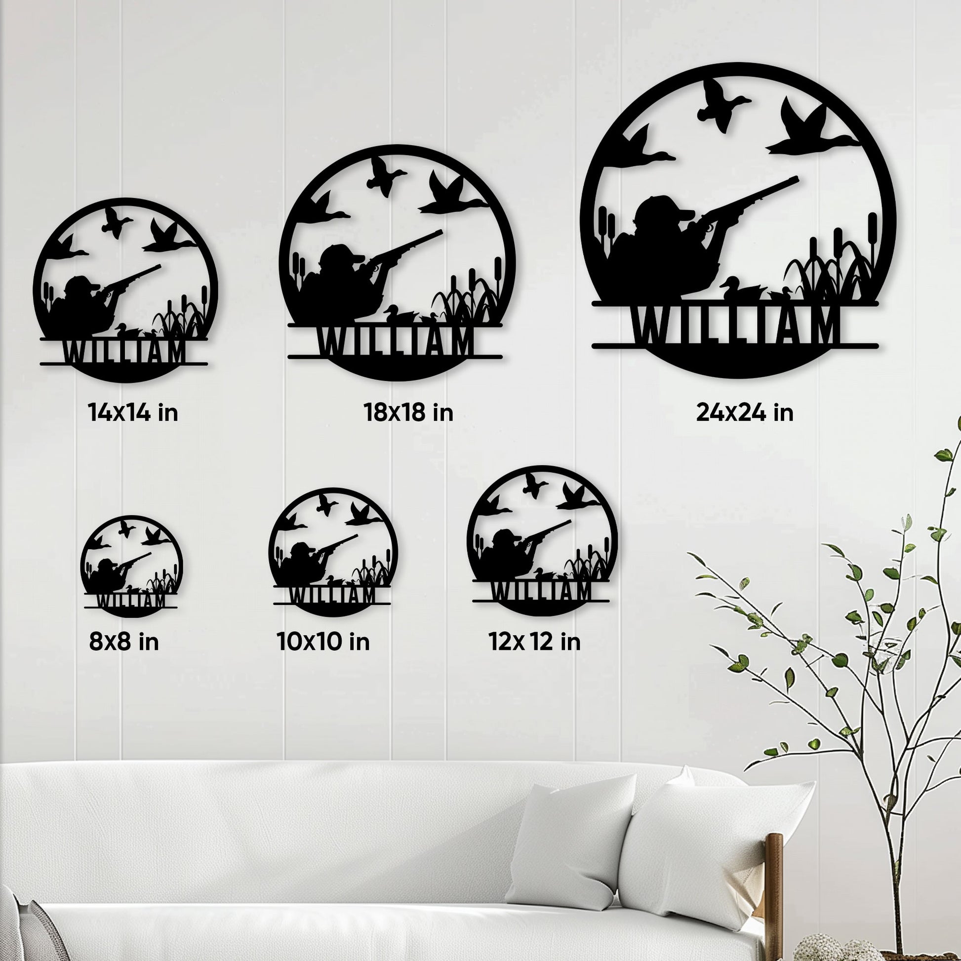 Duck hunting metal sign size guide showing six square size options in a living room setting