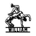 Custom wrestling metal sign featuring two wrestlers in a dramatic grappling pose