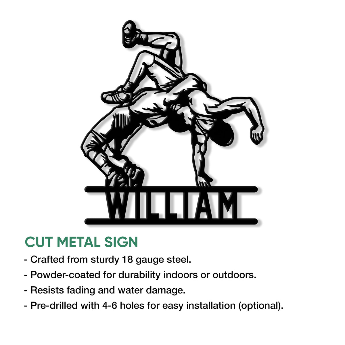 Wrestling cut metal sign featuring a dynamic grappling silhouette for wall display