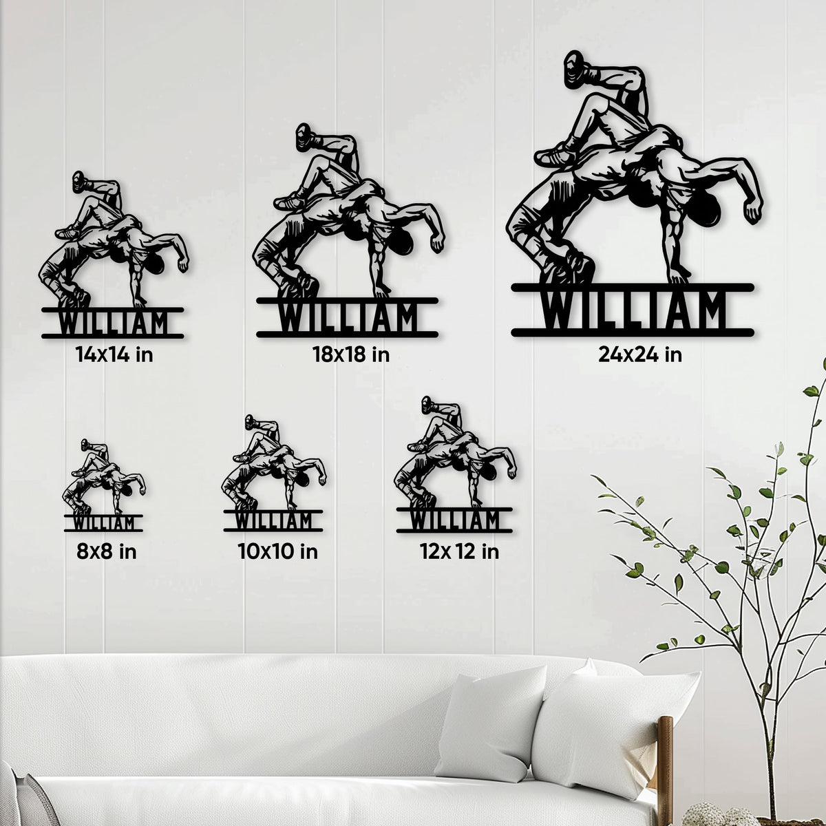 Wrestling metal sign size guide showing available square dimensions from 8 to 24 inches