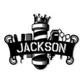 Custom barber metal sign featuring a crowned barber pole surrounded by clippers, combs, scissors, and shears