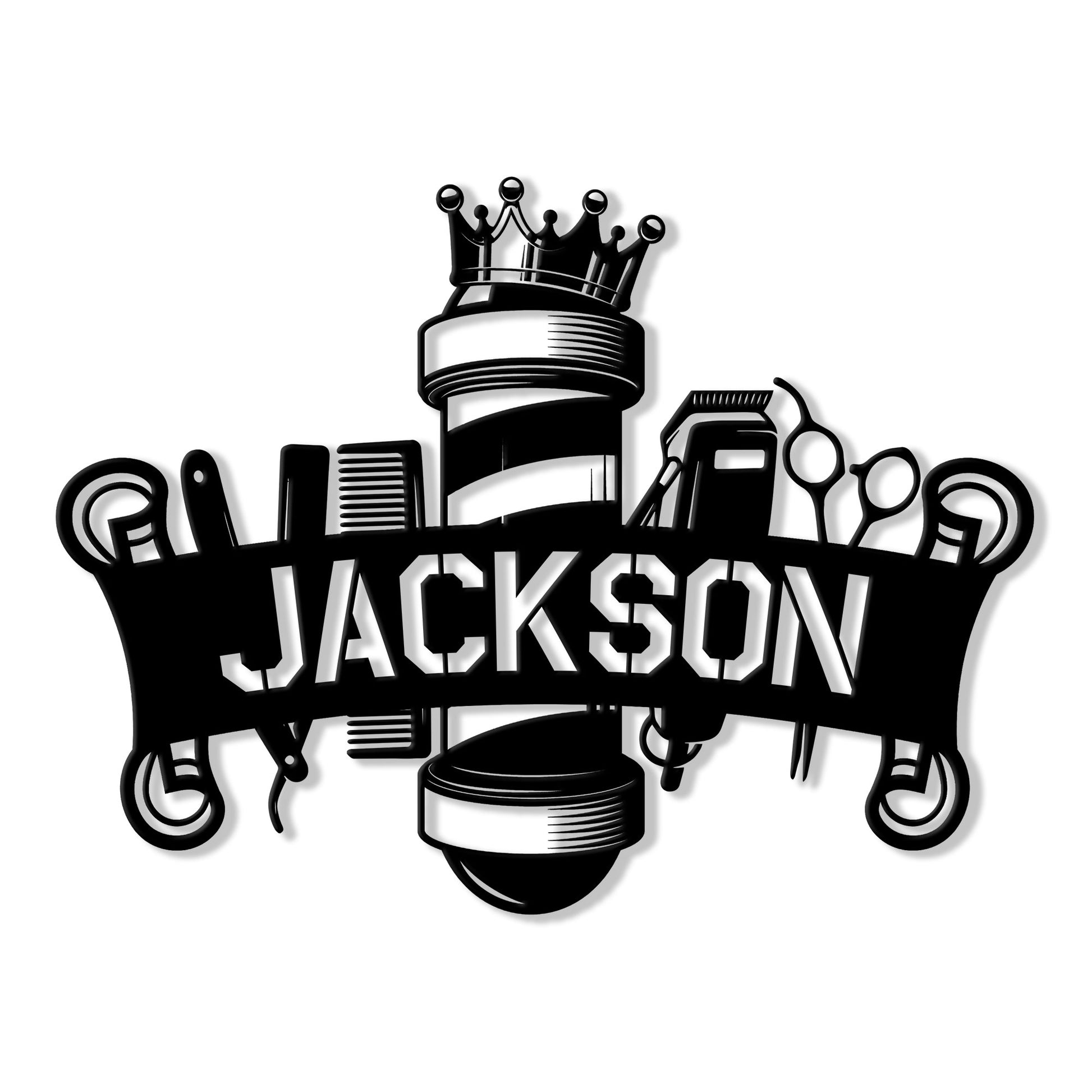 Custom barber metal sign featuring a crowned barber pole surrounded by clippers, combs, scissors, and shears