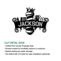 Barbershop metal sign design with a crowned barber pole and classic grooming tools in a bold cut-metal style