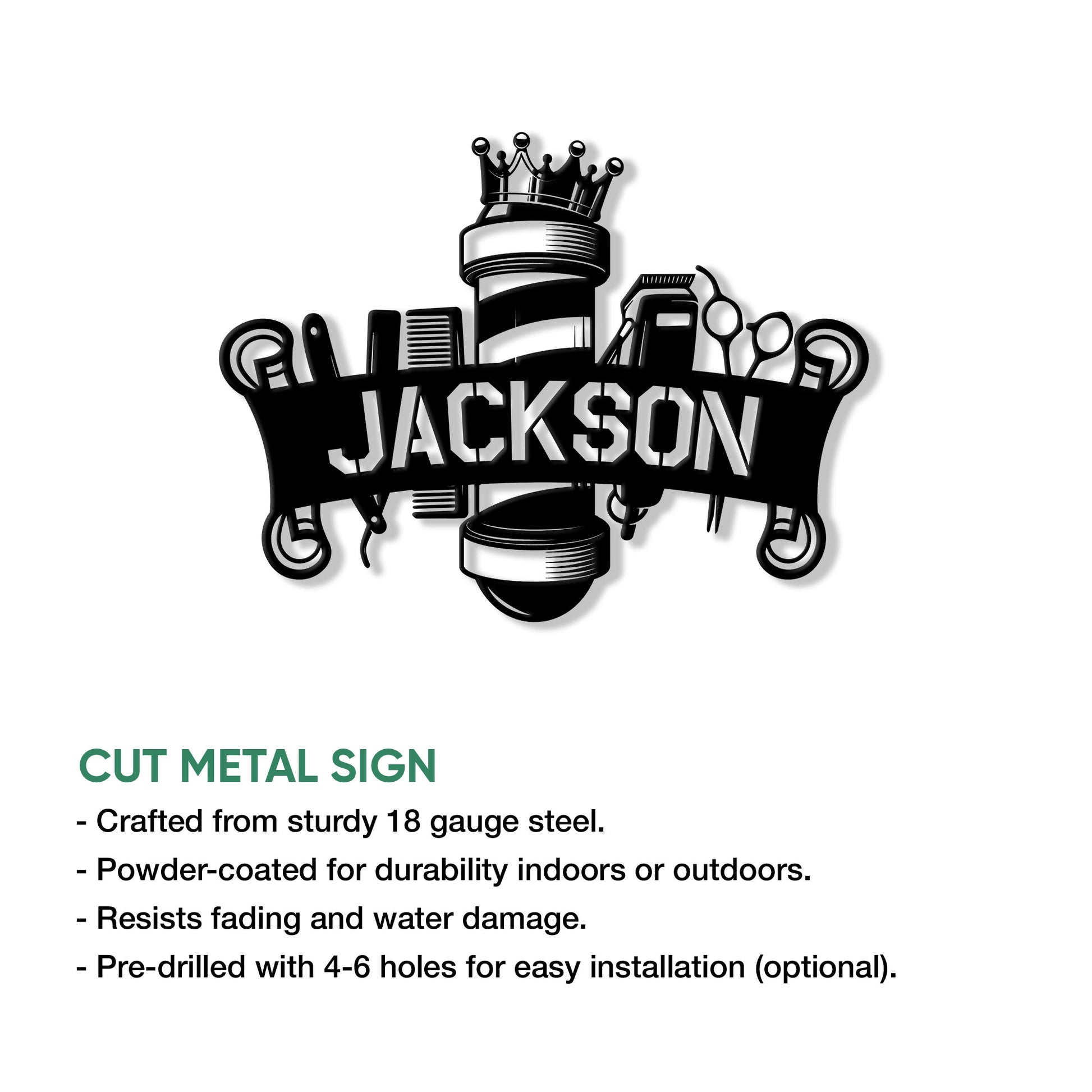 Barbershop metal sign design with a crowned barber pole and classic grooming tools in a bold cut-metal style
