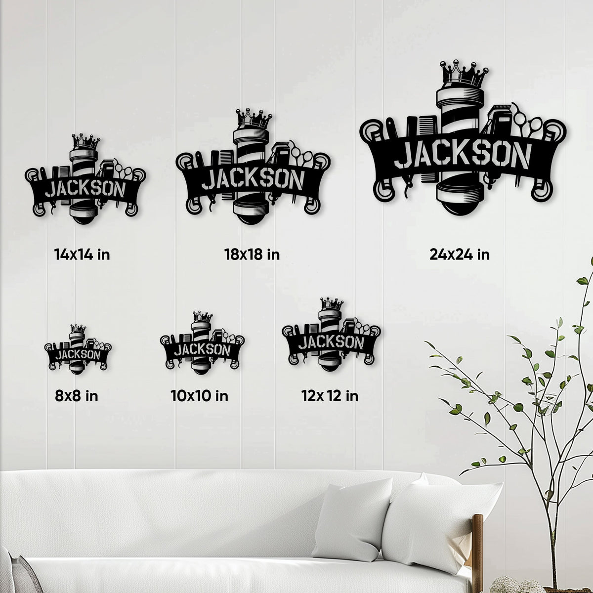 Barber metal sign size guide showing 8, 10, 12, 14, 18, and 24 inch square options