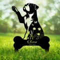 American Bulldog memorial metal sign with raised paw, floral body silhouette, and bone-shaped tribute base