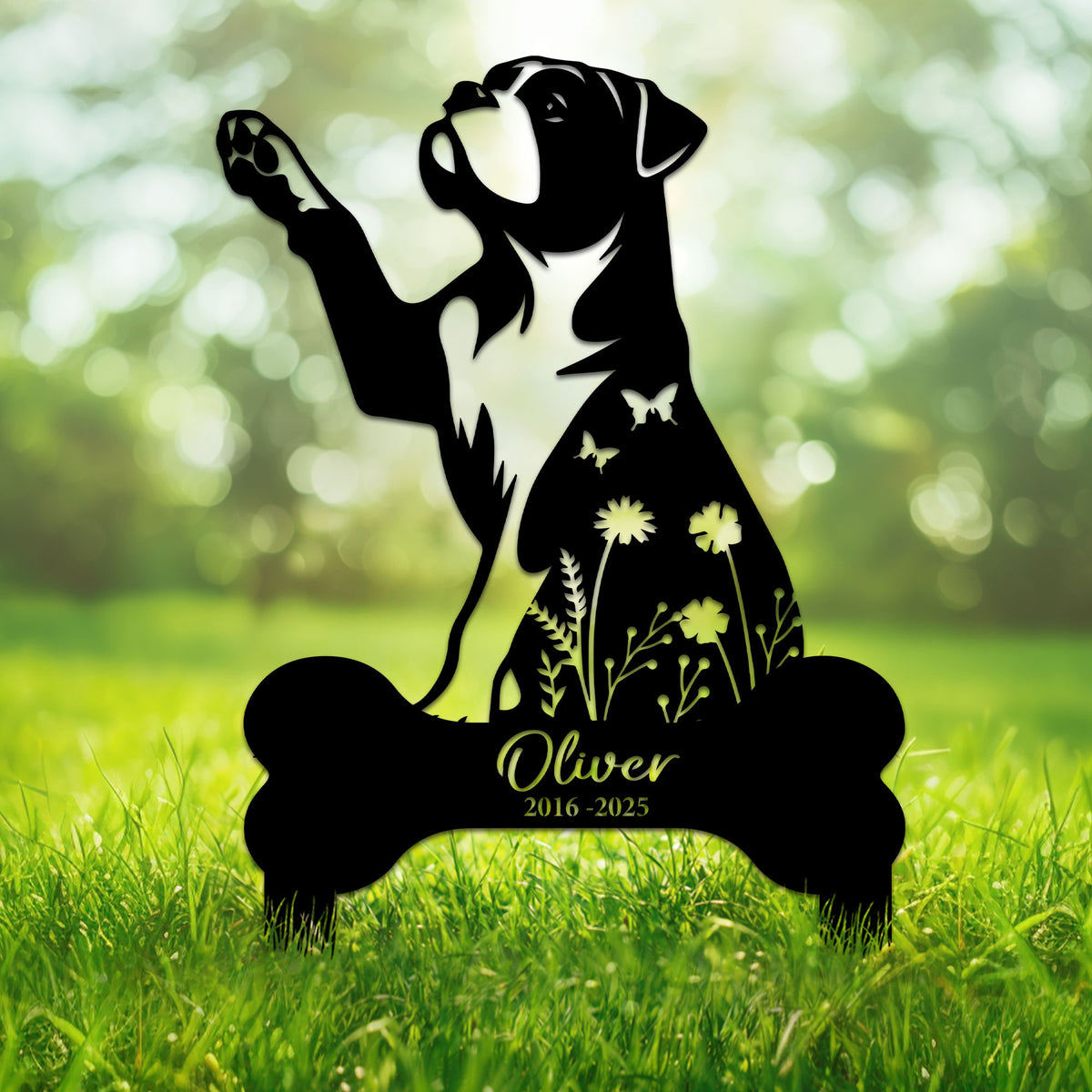 American Bulldog memorial metal sign with raised paw, floral body silhouette, and bone-shaped tribute base