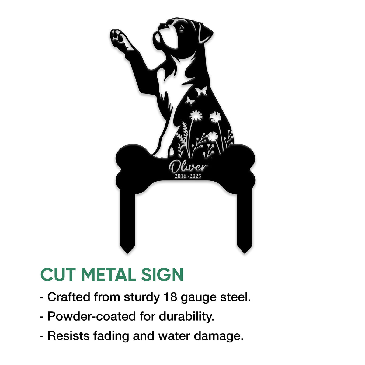 American Bulldog memorial cut metal sign shown as a standing garden tribute with floral silhouette details