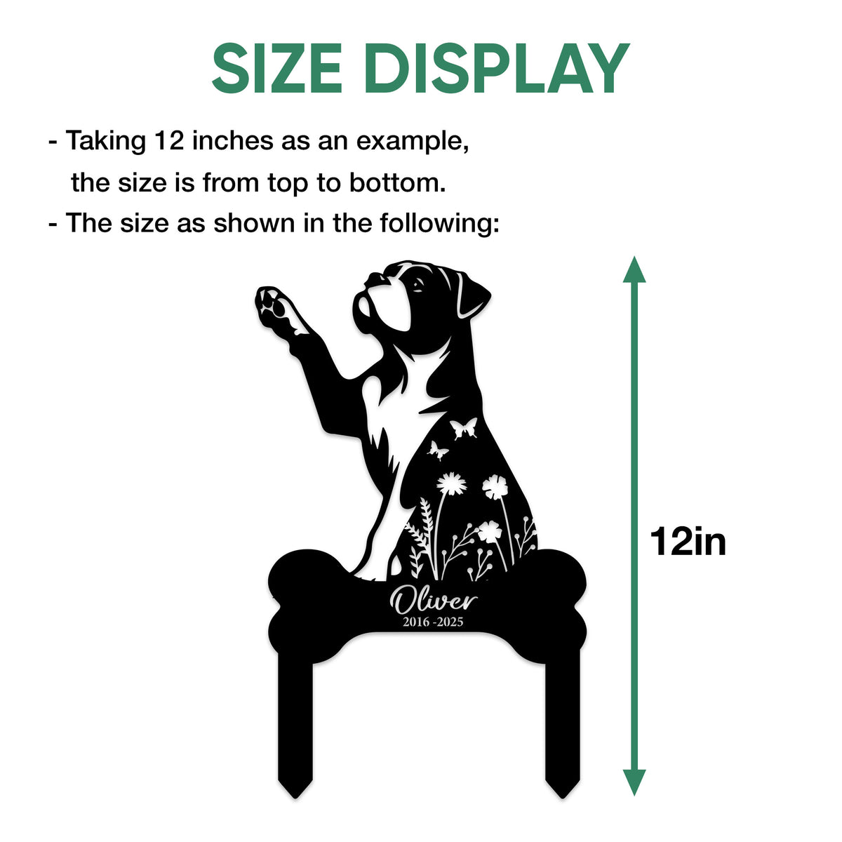 Size display guide showing the full height measurement of the American Bulldog memorial garden sign
