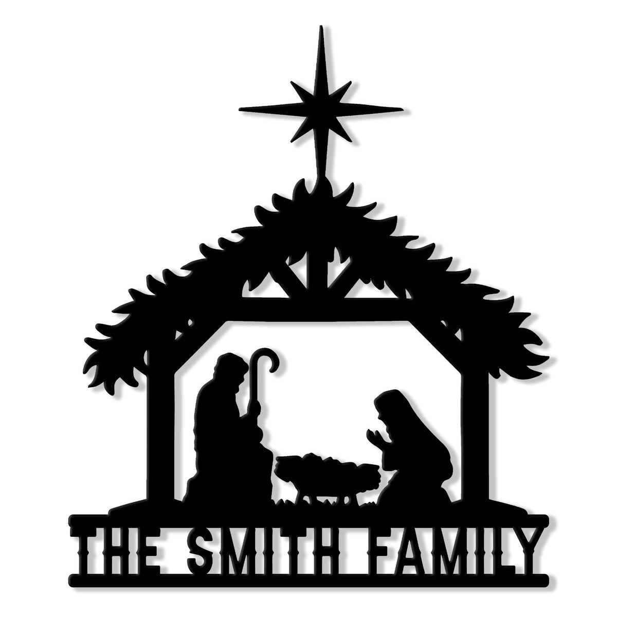 Custom Christmas nativity metal sign featuring the Holy Family beneath a star-topped evergreen stable