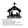Nativity metal sign product infographic showing a star, evergreen shelter, and Holy Family silhouette
