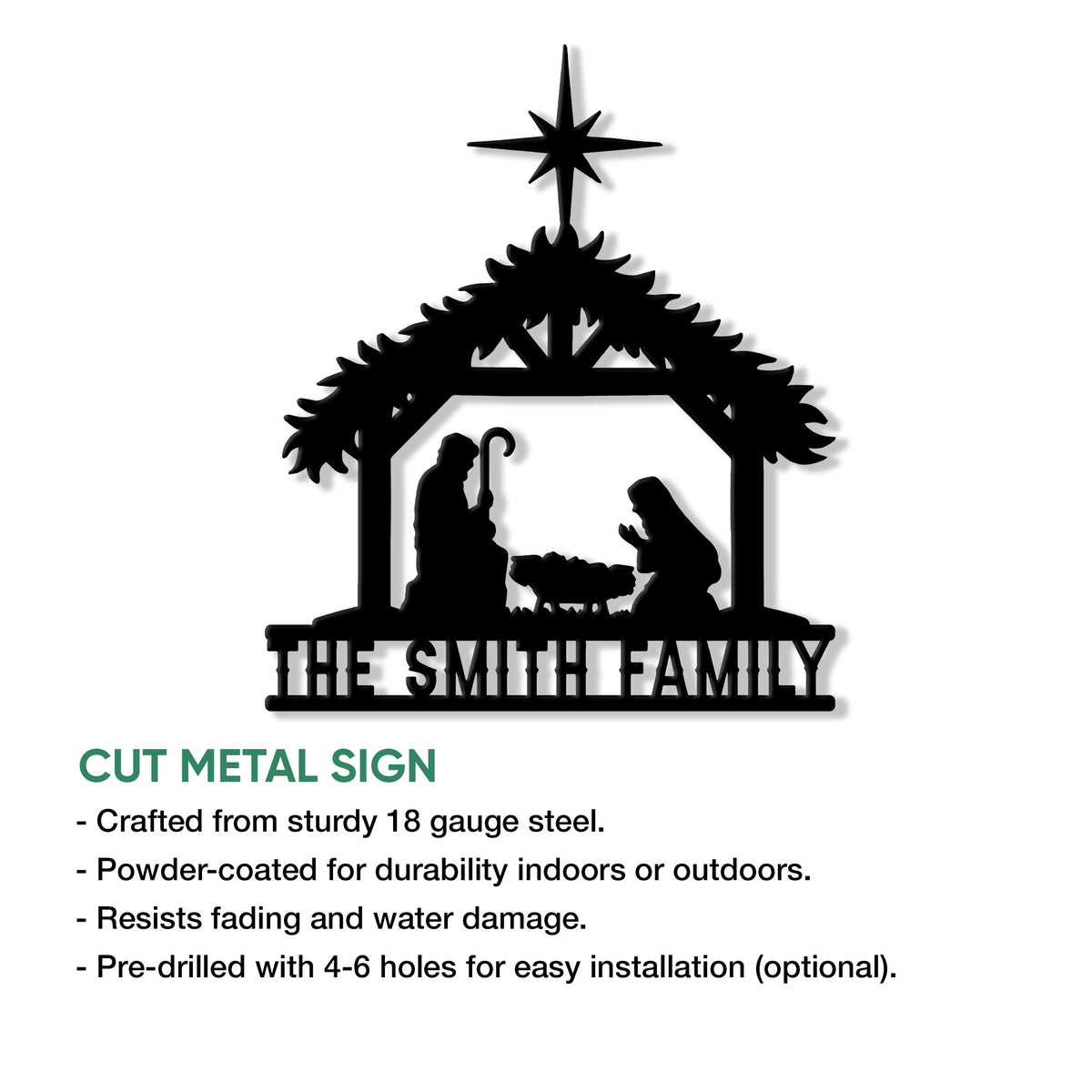 Nativity metal sign product infographic showing a star, evergreen shelter, and Holy Family silhouette