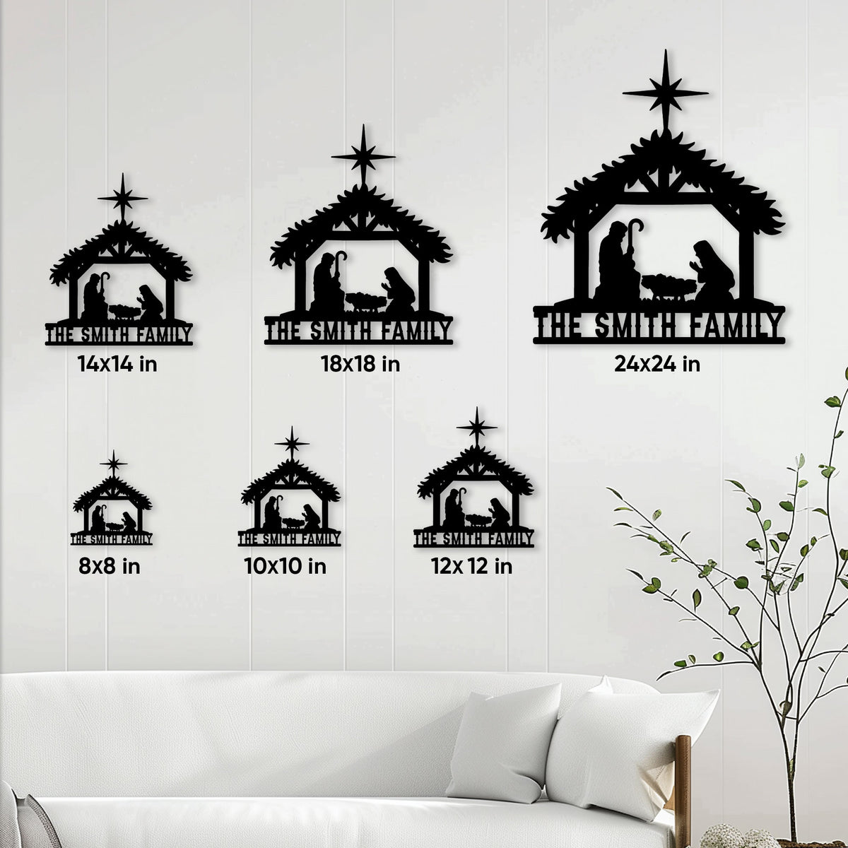 Christmas nativity metal sign size guide showing 8, 10, 12, 14, 18, and 24 inch options
