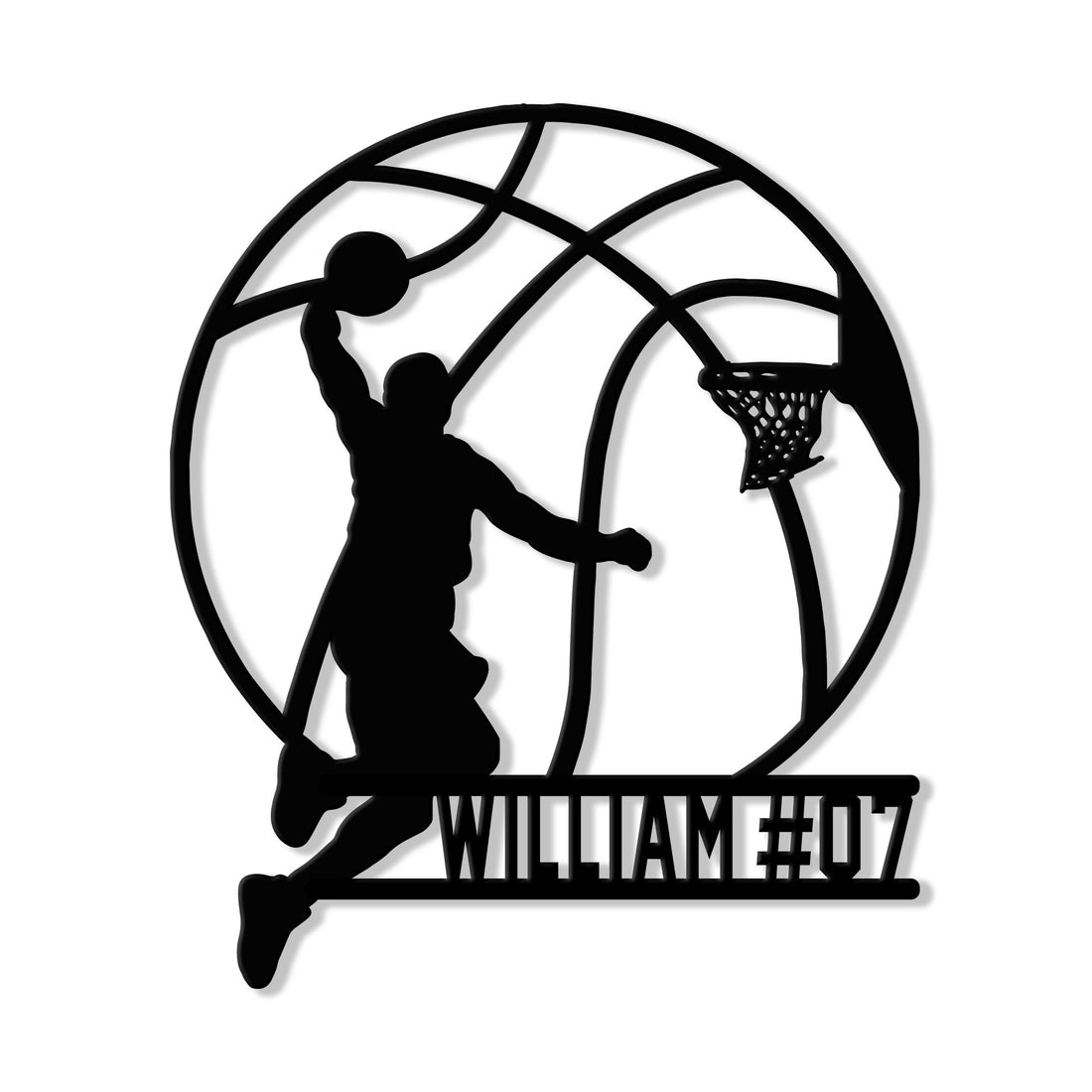 Custom basketball metal sign featuring a silhouette player dunking inside a basketball outline