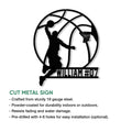 Basketball metal sign feature infographic showing the cut metal design and hanging options