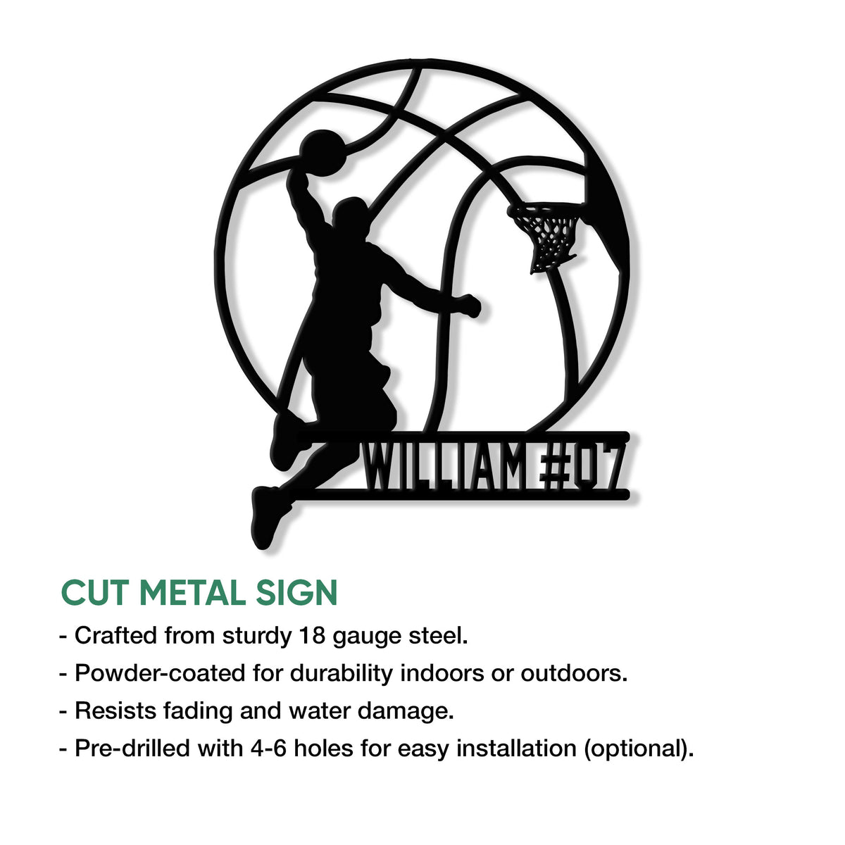 Basketball metal sign feature infographic showing the cut metal design and hanging options