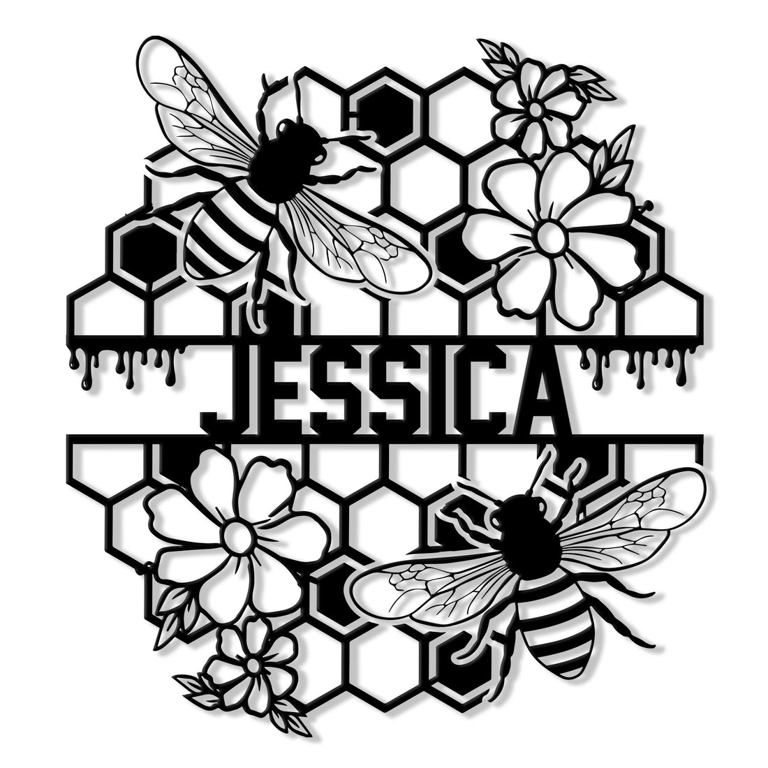 Bee metal sign featuring honeybees, honeycomb cells, flowers, and a dripping honey design